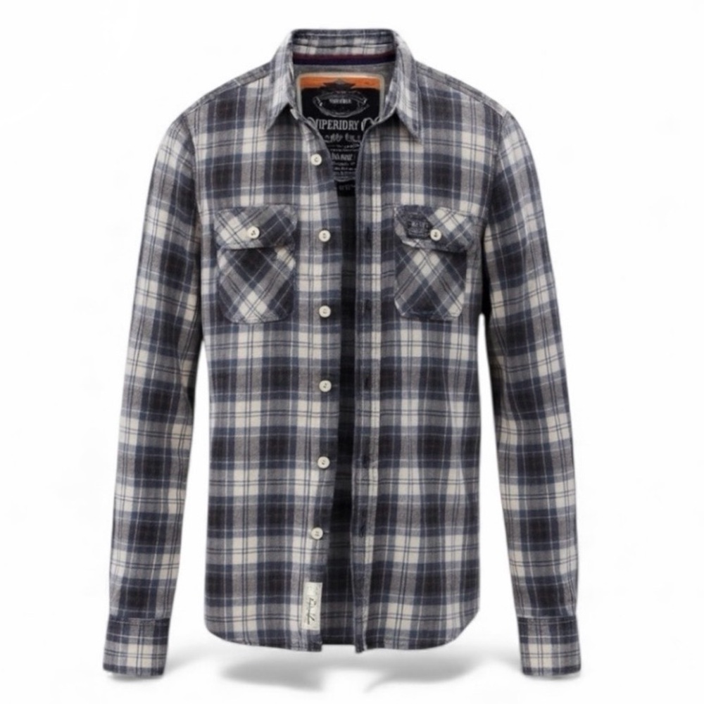 Superdry Men’s Plaid Flannel Shirt Blue Grey – Size XL